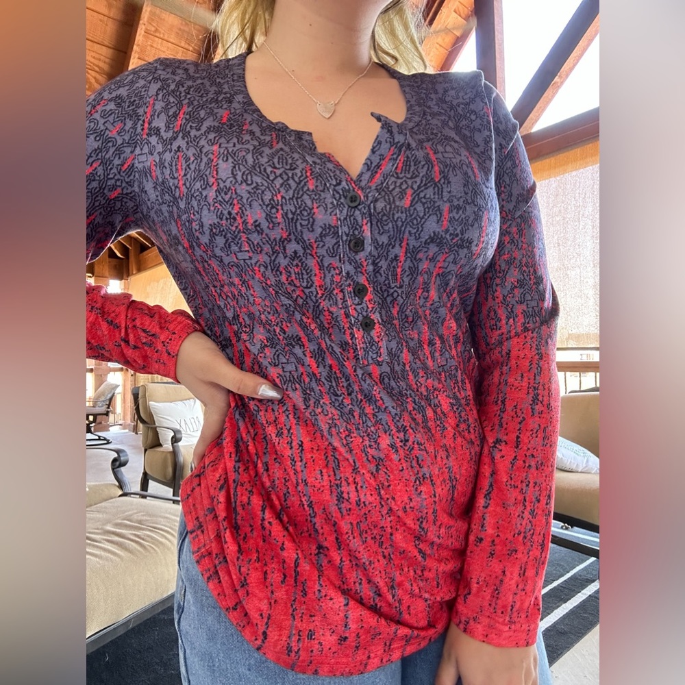 red, bluish gray blouse